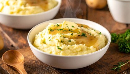Creamy mashed potatoes with gravy and herbs.