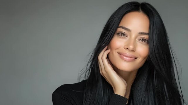 A minimal studio portrait of a woman with long black hair and soft natural makeup, gently resting her face on her hand, expressing calm confidence and effortless elegance against a neutral background