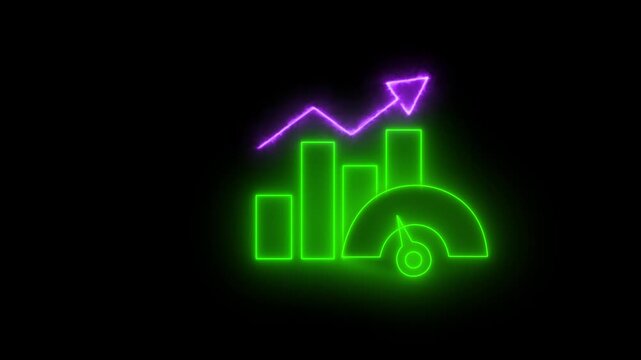 Neon glowing bar chart with upward trending arrow and speedometer graphic symbolizing growth success and performance metrics on a dark background