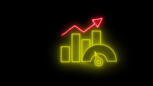 Neon glowing bar chart with upward trending arrow and speedometer icon on black background representing growth success and performance