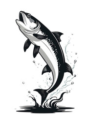 Catfish side view silhouette, black illustration showing motion out of water, isolated transparent background.