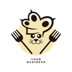 Cat Chef and fork Logo Design Template for Food and Beverage Business