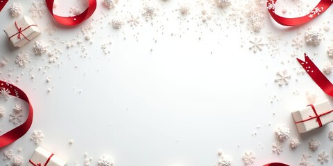 Elegant festive background with red ribbons, white gift boxes, and delicate snowflakes on a clean backdrop, perfect for Christmas and New Year designs with copy space.