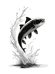 Catfish silhouette icon in side view, black and white illustration jumping out of water, transparent background.