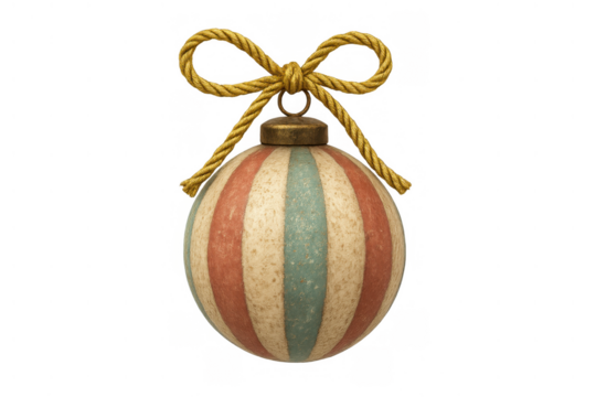 Vintage christmas ornament featuring stripes and rope bow, festive holiday decoration with transparent background