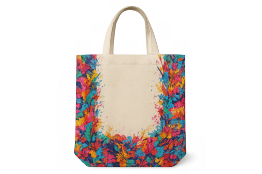 Cotton tote bag with vibrant abstract paint splatters bordering a blank space, transparent background