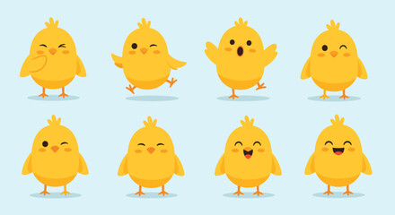 Fototapeta premium An adorable collection of eight yellow cartoon baby chicks expressing various cheerful emotions and playful actions on a light blue background.
