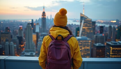 Woman in yellow jacket with backpack on skyscraper roof looks at urban skyline. Tourist enjoys New York City sunset. Female traveler on solo journey explores metropolis. Adventure vacation to