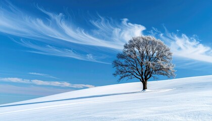 Solitary Frosted Tree Stands on a Snow Covered Hill Under a Bright Blue Sky with Wispy Clouds