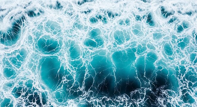 Aerial view of powerful ocean waves breaking with foamy white patterns on turquoise water, creating a dynamic and textured natural background ideal for aquatic themes
