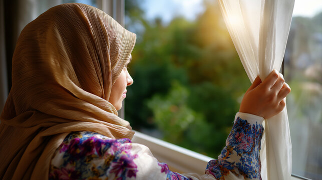 Faceless woman adjusting her hijab near a window with soft daylight streaming in, symbolizing peace and reflection, with copy space.