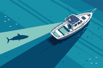 Fototapeta premium Aerial perspective of a serene fishing vessel casting a distinct, dark shadow on the clear, sunlit seabed below.