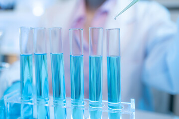 A chemistry researcher in a laboratory surrounded by scientific equipment and test tubes, representing innovation, scientific development, and modern medical research environment.