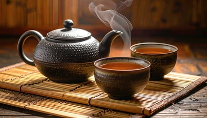 Steaming Hot Tea Served in Ceramic Cups and Teapot on Bamboo Mat with Wooden Background and Soft Lighting