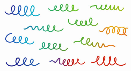 Abstract Color Gradient Lines Pattern. Vector Wave 3D Graphic Shapes with Gradient. Organic Rainbow Wavy Ribbons. Set of Fun Kid Doodle Colour Gradation