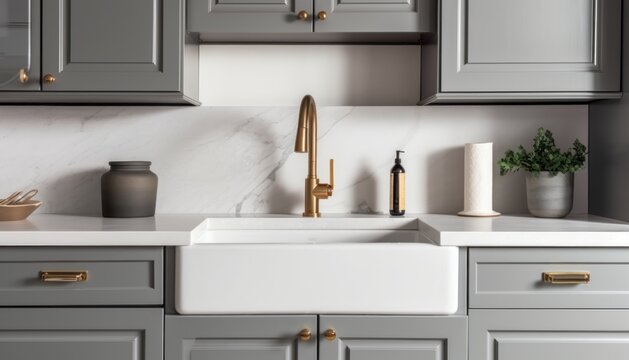 A kitchen sink detail shot with grey cabinets, a white marble countertop and backsplash, and decorations