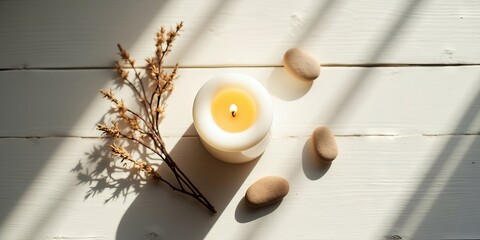 Cozy Hygge Ambiance: Lit White Candle, Dried Plant, and Smooth Stones on White Wooden Table with Natural Sunlight and Shadows