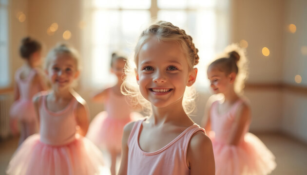 Girls study in ballet school. Young ballerinas perform ballet dance in pink dresses indoors. Group poses in dance class. Dance studio lessons make kids flexible and happy.