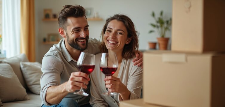 Happy couple celebrates moving house with red wine toast in living room of new home. Smiling man, woman relax on couch among cardboard boxes. Young family enjoys property milestone buying first