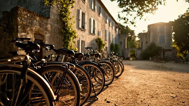 A line of bicycles is parked along a sandy pathway near an old building, illuminated by the warm sunlight. The bicycles and the rustic building create a charming and inviting outdo