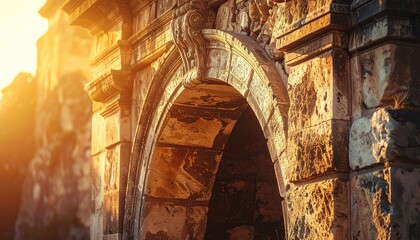 Sunlight Illuminates Ancient Stone Archway with Textured Facade and Warm Golden Hour Lighting Creating a Dramatic and Historic Ambiance