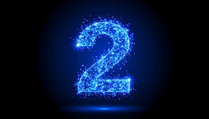 Glowing blue number "2" made of sparkly light particles on a gradient dark background with a subtle light flare