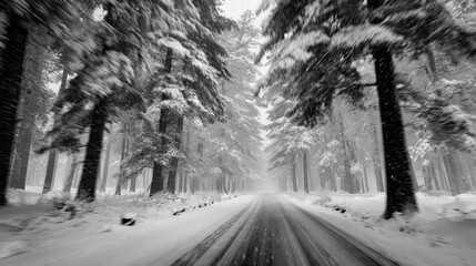 Obraz premium Winter Wonderland Snowy Road Winding Through a Lush Forest, Capturing the Essence of the Season