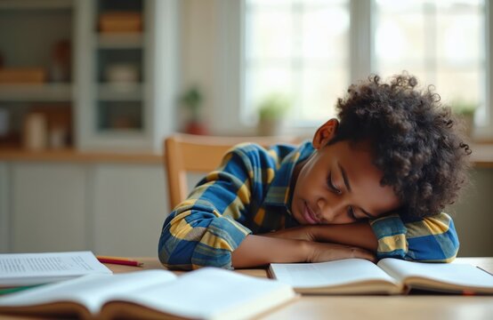 Tired African-American boy sleeps on open book at home desk. Young student rests head on hands, taking nap during study session. Kid exhausted from school homework, learning. Education challenges,
