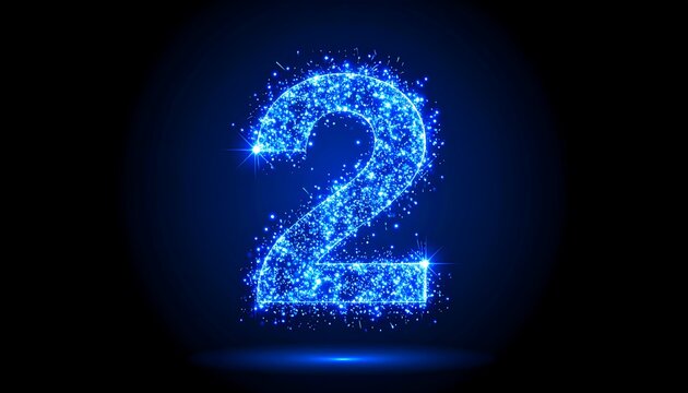 Glowing blue number "2" made of sparkly light particles on a gradient dark background with a subtle light flare - Powered by Adobe