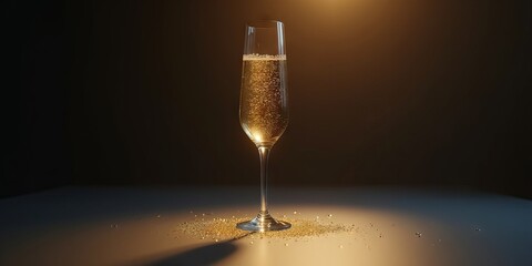 Sparkling champagne glass with golden bubbles and glitter on a dark background, perfect for celebrations, new year, and luxury events.