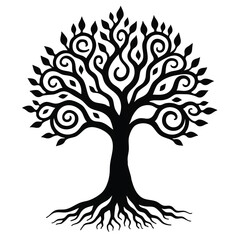Obraz premium Black and white stylized tree of life emblem, ideal for use in logo design or as a decorative element. Symbolic and versatile. 