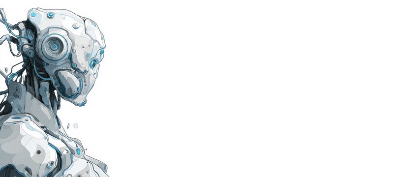 Cyborg humanoid on white background. Copy space for text and advert. Generative AI technology.	
