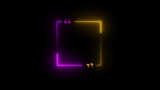 Neon quote frame with purple and yellow glowing lines and quotation marks on black background for text overlay and graphic design elements