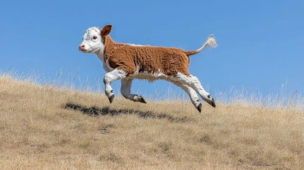 Joyful Calf Jumping Across a Grassy Hillock Under a Bright Blue Sky, Embracing Nature s Beauty