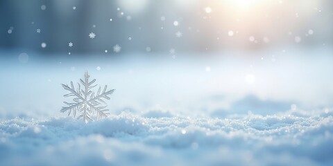 Naklejka premium Delicate macro snowflake on sparkling fresh snow, illuminated by soft winter light with ethereal bokeh background, capturing the serene beauty of ice crystals.