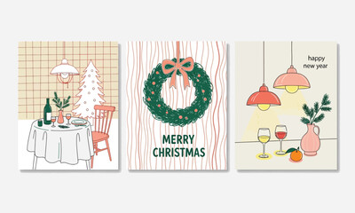 Fototapeta premium A collection of modern hand-drawn greeting cards for Christmas and New Year, featuring a festive dinner table, a holiday wreath, and a cozy wine celebration