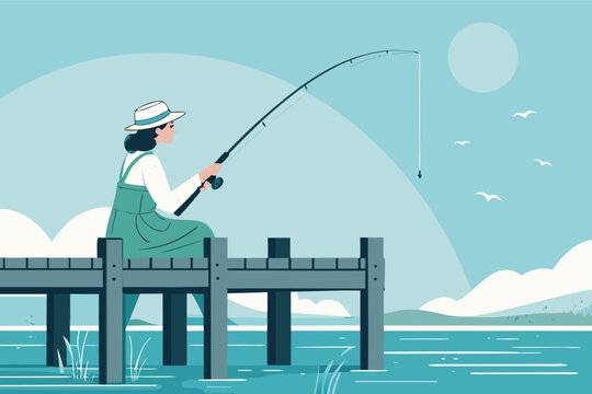 Serene woman fishing peacefully from weathered wooden pier, calm blue sky, gentle breeze, quiet morning, nature's tranquility.