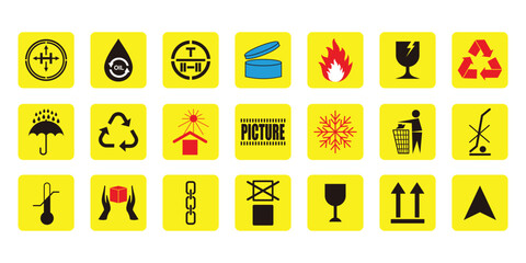 Set of Packaging and Handling Symbols on Yellow Background