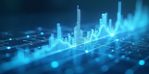 Futuristic glowing blue financial data analysis chart with bar graphs and digital network connections on a dark background, representing business growth, innovation, and technological advancement.