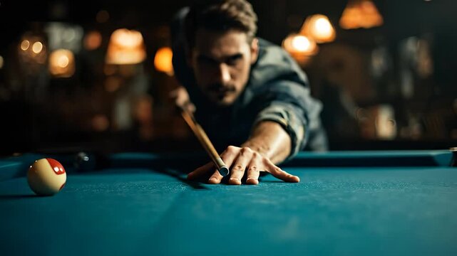 A man leans forward over a blue felt pool table, preparing to strike the red billiard ball. The man's hand grips the cue as he concentrates on the shot in the dimly lit room.