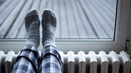 Cozy indoor scene showing feet propped up against white radiator home comfort relaxation and warmth concept