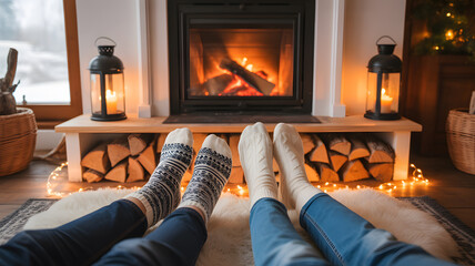 Cozy indoor winter scene with two pairs of feet wearing warm socks relaxing on white sheepskin rug in front of fireplace home comfort concept