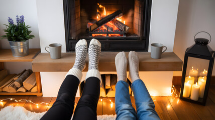 Cozy indoor winter scene centered around burning fireplace warm home comfort and relaxation concept