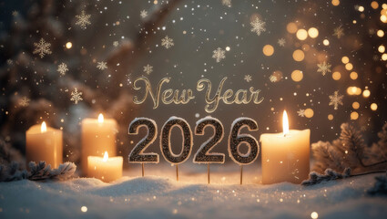 New Year 2026 with Snow, Lit Candles, and a Warm Winter Atmosphere