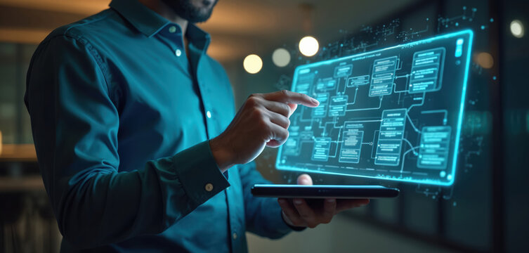 Man touches virtual flowchart on screen. Businessman works with process diagrams, system structures, company flows on digital interface. Person holds screen with visual data, algorithms, charts. Work - Powered by Adobe