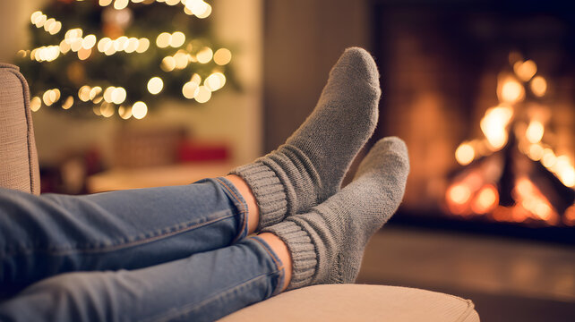 Cozy indoor winter scene showing person wearing gray knitted wool socks and blue jeans resting feet on beige couch home relaxation comfort concept