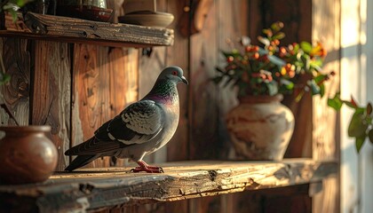 Pixelated Pigeon Perched on Rustic Wooden Shelf with Berries and Pottery Illuminated by Warm Sunlight