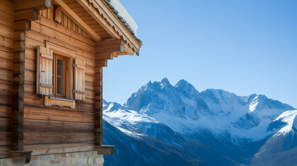 High-quality architectural photograph of traditional Alpine wooden chalet with snow-covered mountain peaks in background scenic winter design concept