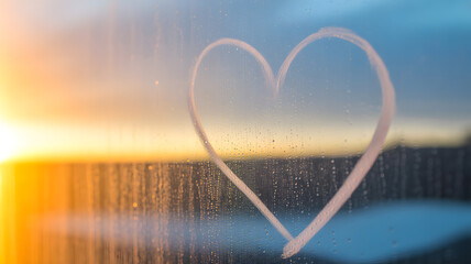 Heart drawn on misted window during sunset warm romantic winter evening concept