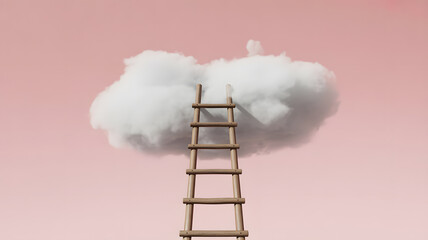 Minimalist artistic photograph of wooden ladder leading up to fluffy white cloud against soft pink background imagination dream concept